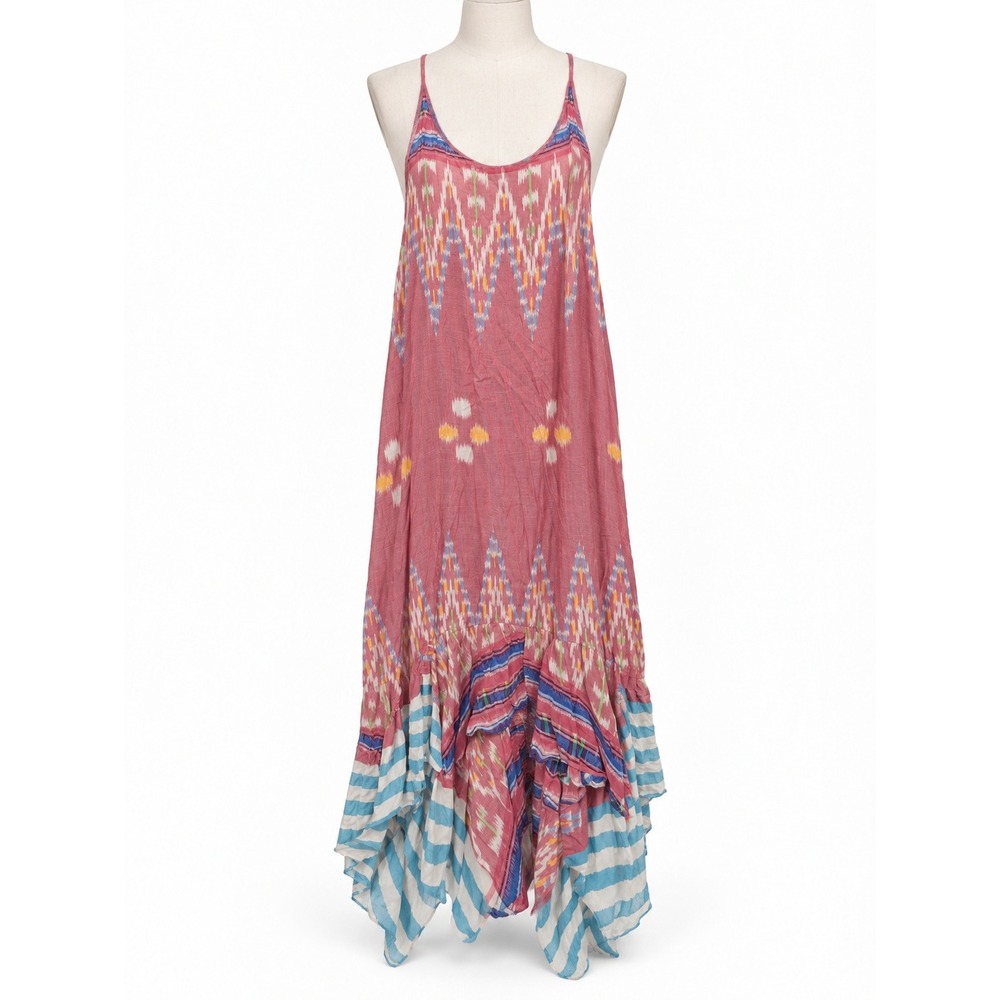 Indah Women's Medium Pink Ikat Boho Maxi Dress Handkerchief Hem Racerback